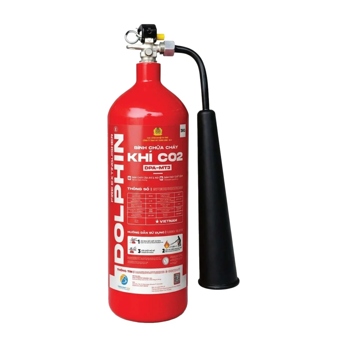 Bình chữa cháy khí CO2 MT3 3kg (DPA-MT3) - Dolphin có kiểm định/lưu thông Bình chữa cháy CO2 MT3 3kg Dolphin DPA-MT3 trên nền trắng – ảnh nhà sản xuất