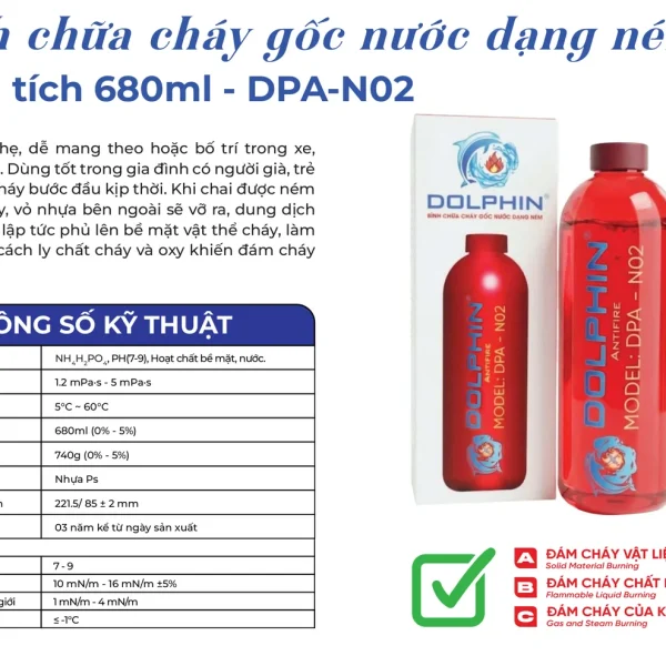 Trang catalogue Dolphin giới thiệu bình chữa cháy gốc nước dạng ném Dolphin DPA-N02 và bảng thông số kỹ thuật
