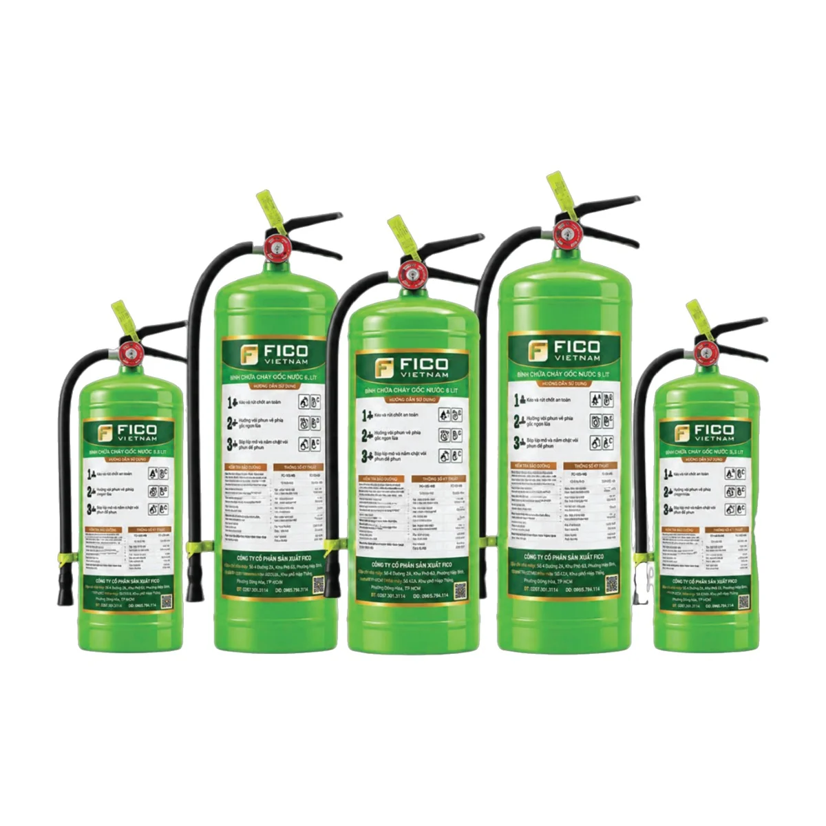 Bình chữa cháy gốc nước 9 lít (FC-109-WB) - Fico có kiểm định/lưu thông Dòng bình gốc nước Fico xách tay các cỡ trên nền trắng – ảnh hồ sơ năng lực 2026