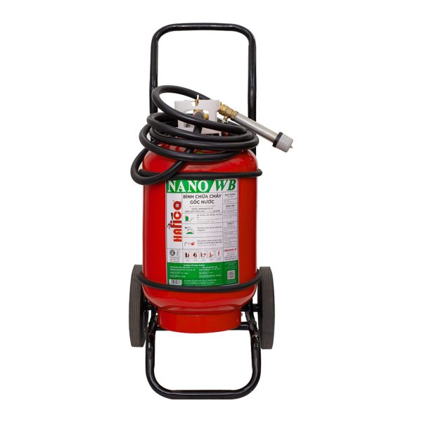 Bình chữa cháy gốc nước Hafico NANO/WB 25L trên xe đẩy hai bánh, vỏ đỏ, cuộn vòi dài