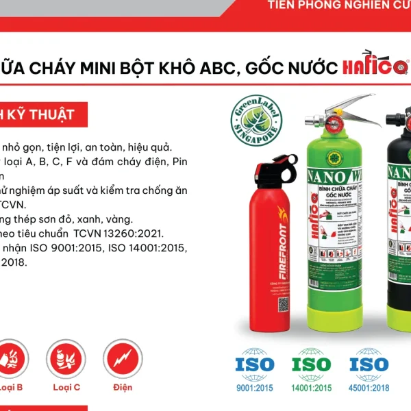 Trang catalogue Hafico giới thiệu bình chữa cháy mini bột ABC và gốc nước