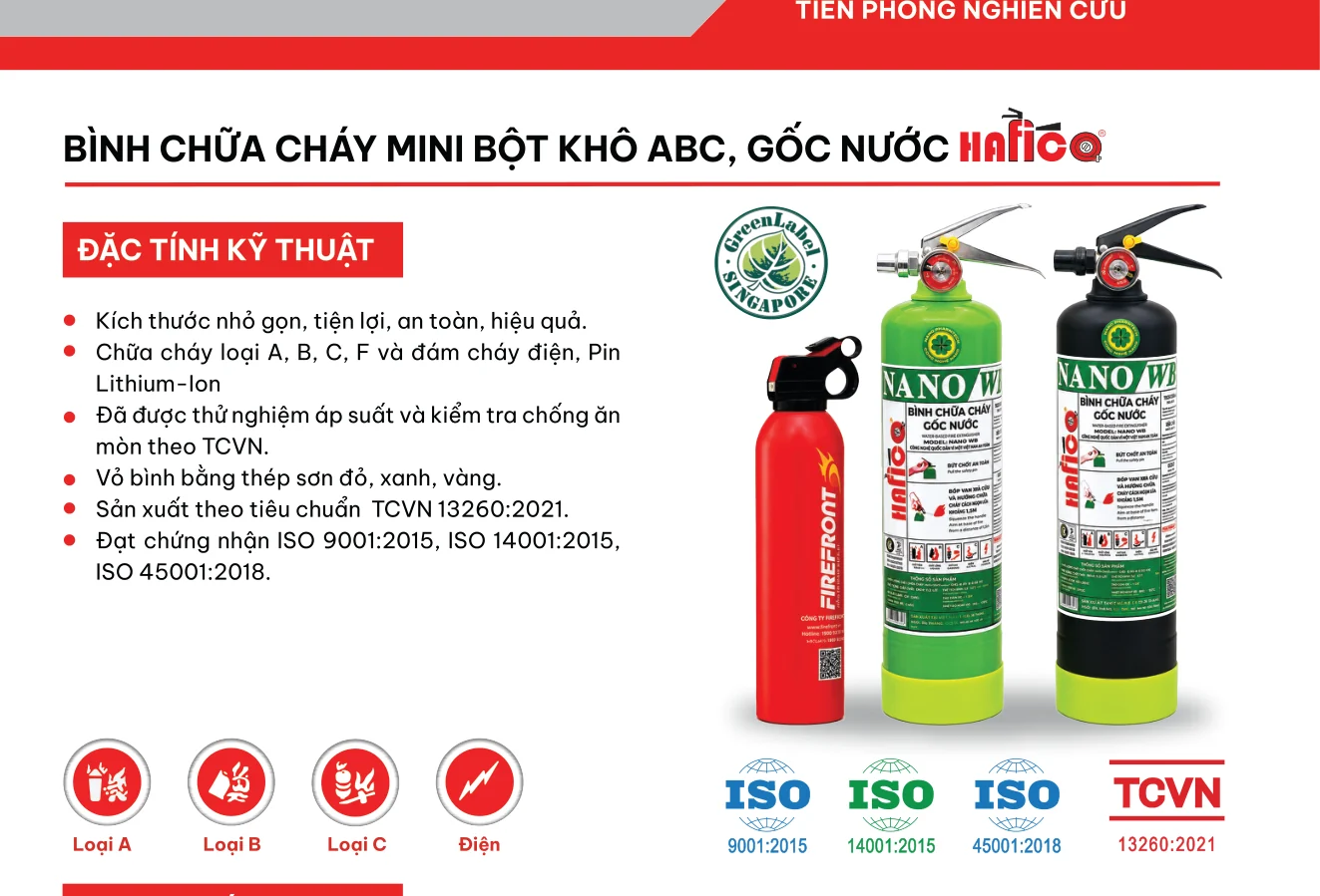 Bình chữa cháy mini bột ABC 520g (HFMP520) - Hafico có kiểm định/lưu thông Trang catalogue Hafico giới thiệu bình chữa cháy mini bột ABC và gốc nước
