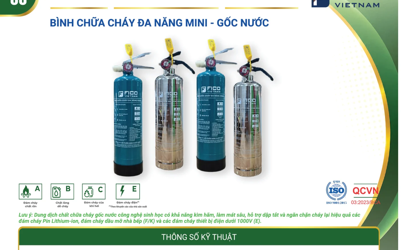 Bình chữa cháy gốc nước mini 950ml (FC-101-WB) - Fico có kiểm định/lưu thông Dòng bình chữa cháy gốc nước mini Fico 950ml vỏ thép và vỏ inox – hồ sơ năng lực 2026