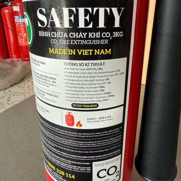 Nhãn thông số bình chữa cháy Safety khí CO2 3kg (MT3)