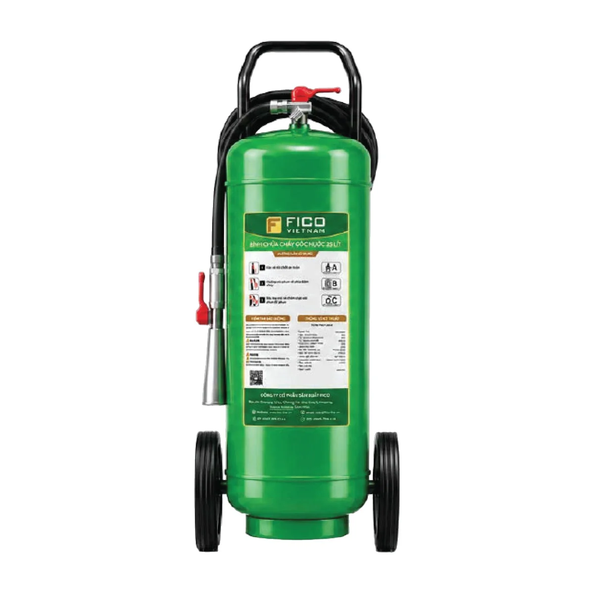 Bình chữa cháy xe đẩy gốc nước 25 lít (FC-125-WB) - Fico có kiểm định/lưu thông Bình chữa cháy xe đẩy gốc nước Fico 25 lít FC-125-WB trên nền trắng – ảnh nhà sản xuất