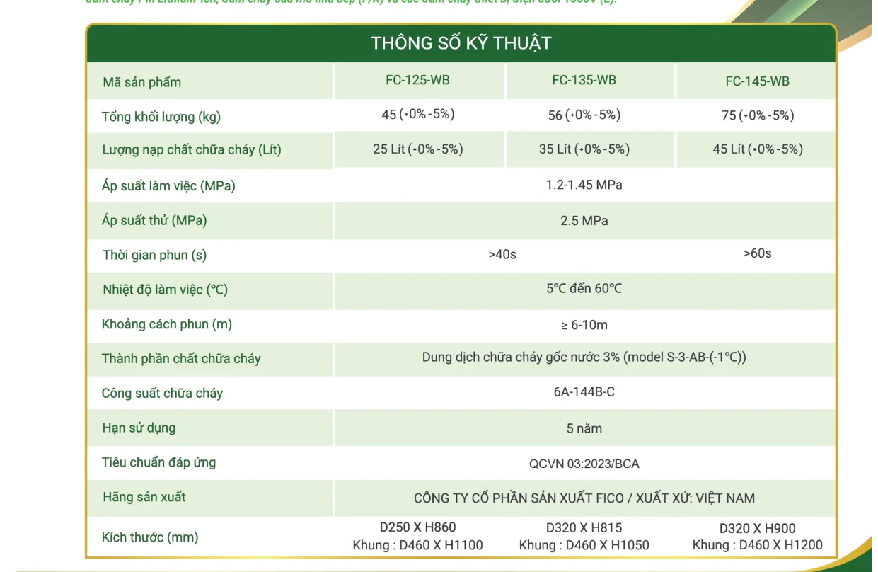 Bình chữa cháy xe đẩy gốc nước 25 lít (FC-125-WB) - Fico có kiểm định/lưu thông Bảng thông số kỹ thuật bình chữa cháy xe đẩy gốc nước Fico 25 lít FC-125-WB trong hồ sơ năng lực Fico 2026