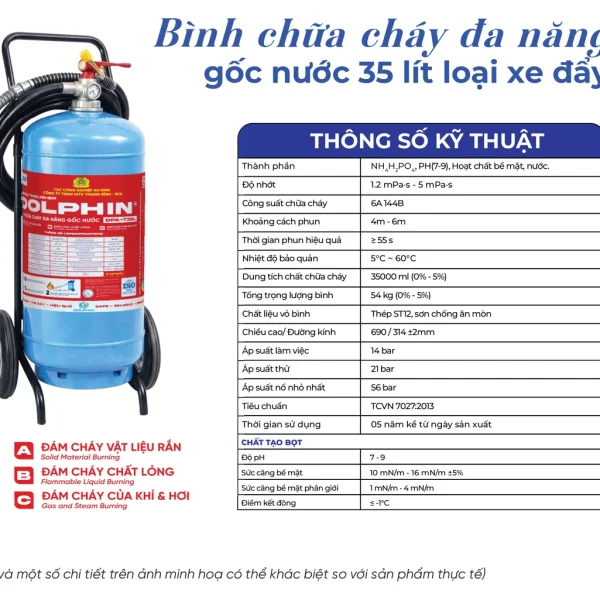 Trang catalogue Dolphin giới thiệu bình chữa cháy xe đẩy gốc nước 35 lít Dolphin DPA-T35L và bảng thông số kỹ thuật