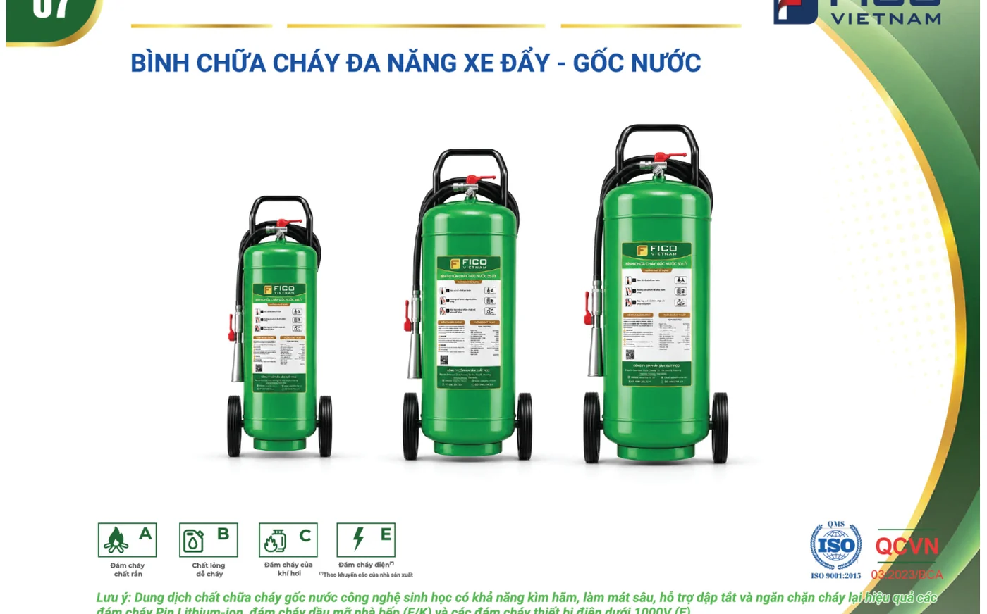 Bình chữa cháy xe đẩy gốc nước 35 lít (FC-135-WB) - Fico có kiểm định/lưu thông Dòng bình chữa cháy xe đẩy gốc nước Fico 25, 35, 45 lít – hồ sơ năng lực 2026