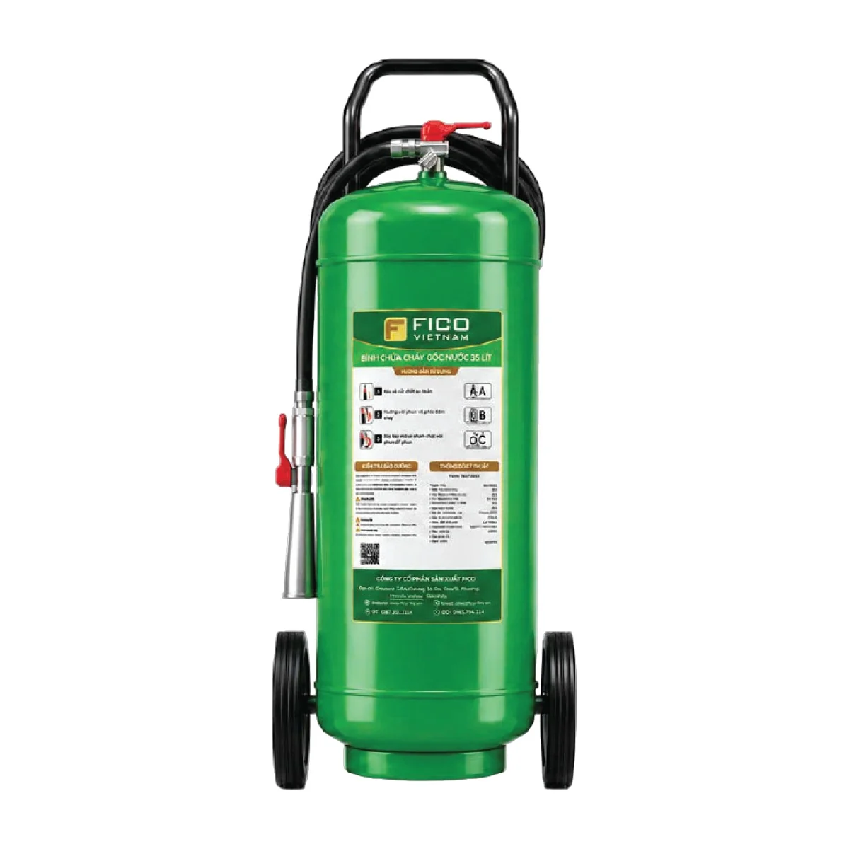 Bình chữa cháy xe đẩy gốc nước 35 lít (FC-135-WB) - Fico có kiểm định/lưu thông Bình chữa cháy xe đẩy gốc nước Fico 35 lít FC-135-WB trên nền trắng – ảnh nhà sản xuất