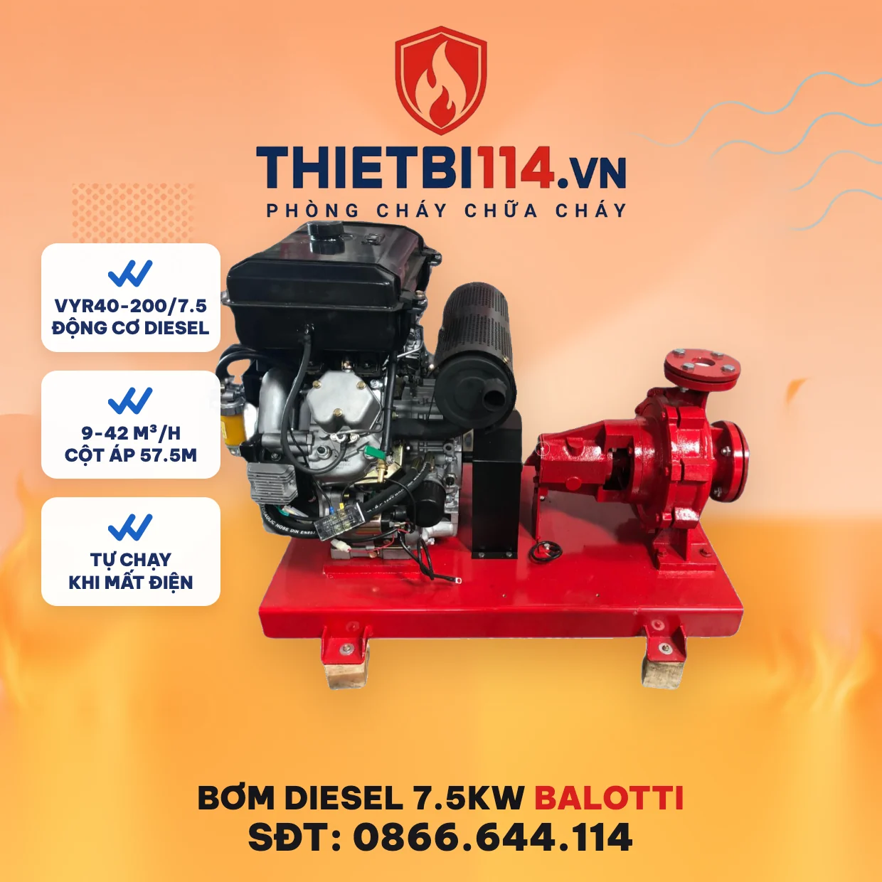 Máy bơm diesel Balotti VYR40-200/7.5 đầu rời trên bệ thép, két nước và hộp đề