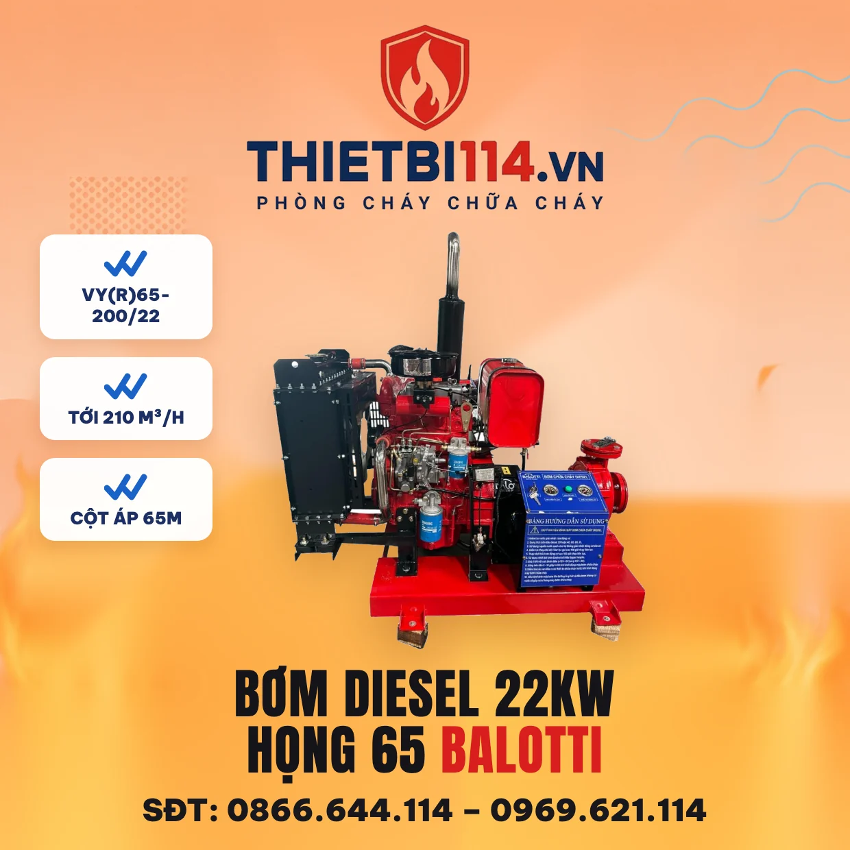 Máy bơm diesel 22kW (họng 65) - Balotti có kiểm định/lưu thông