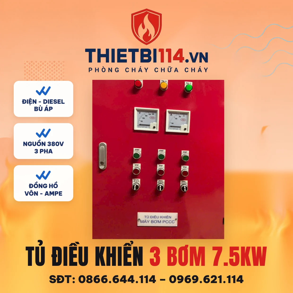 Tủ điều khiển 3 bơm chữa cháy 7,5 kW do Thietbi114 lắp