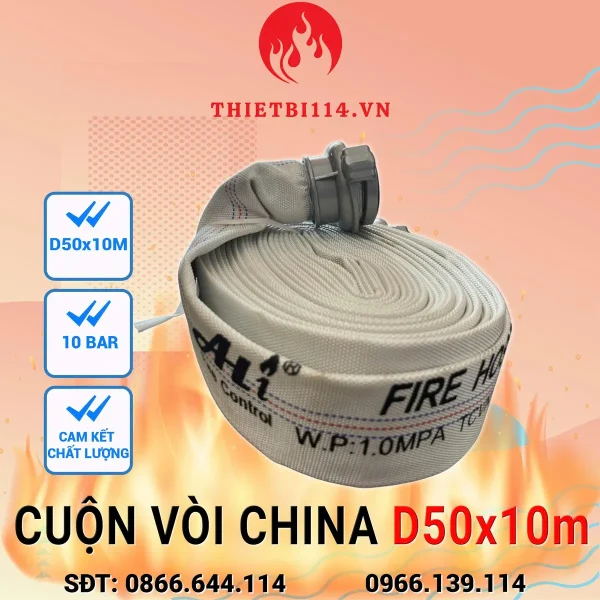 Cuộn vòi phun chữa cháy China D50 dài 10m kèm khớp nối
