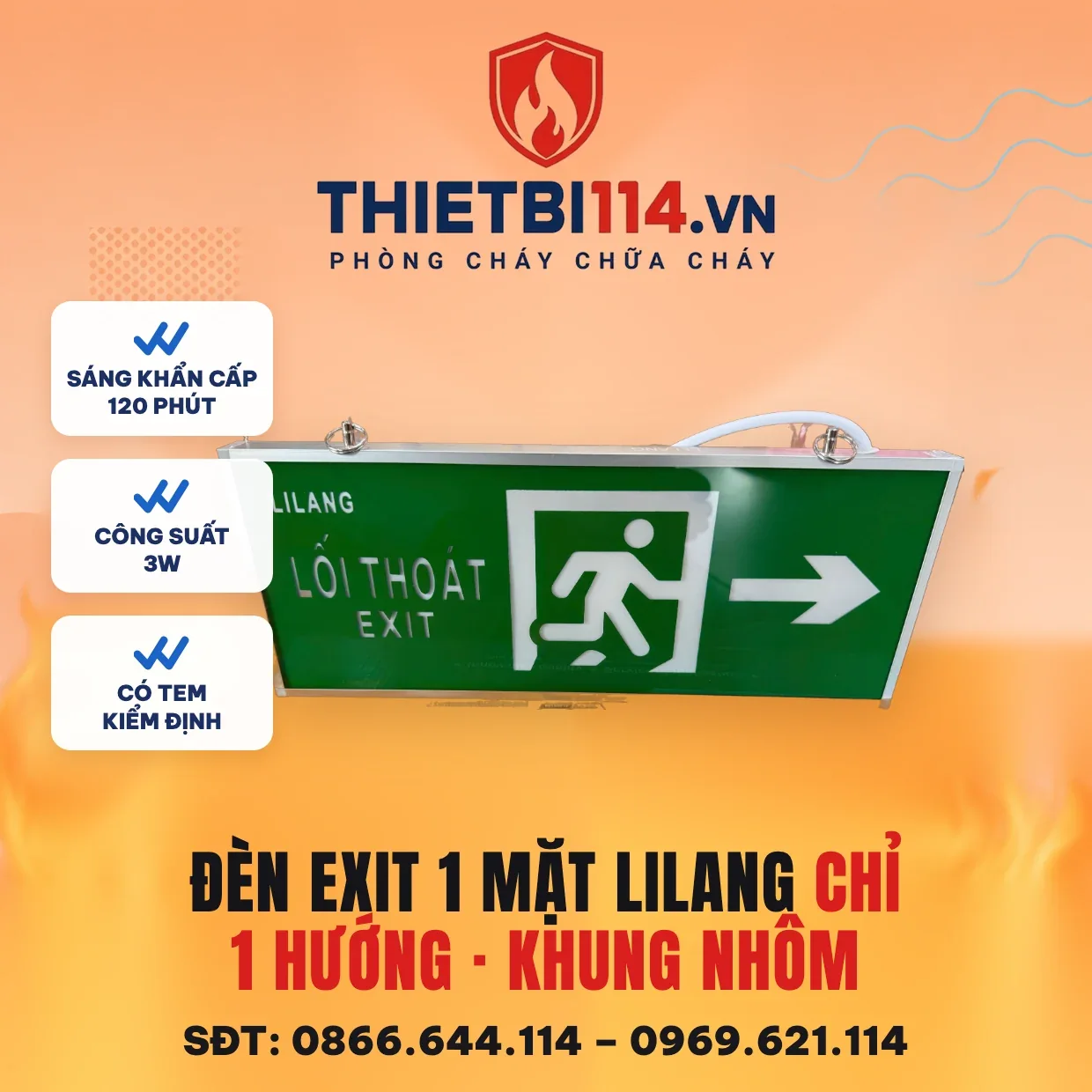 Đèn Exit 1 mặt chỉ 1 hướng - Lilang có kiểm định/lưu thông Đèn exit 1 mặt Lilang chỉ 1 hướng khung nhôm – ảnh sản phẩm