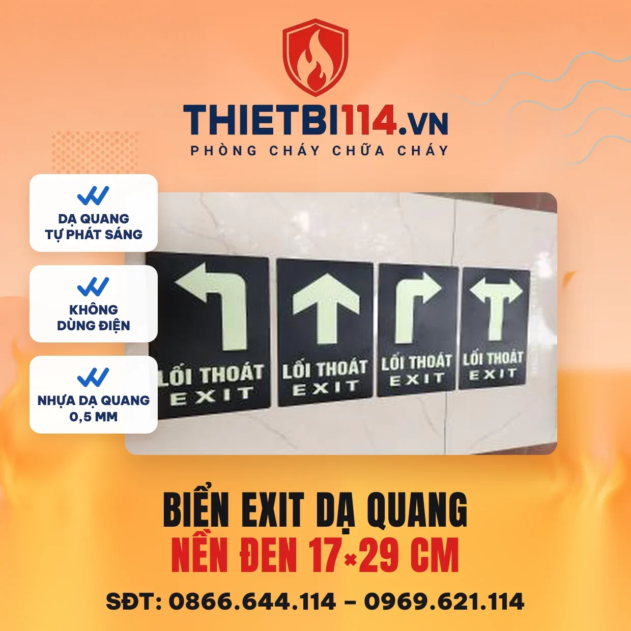 Biển Exit dạ quang nền đen 17x29cm (chỉ thẳng/trái/phải) Biển Exit dạ quang nền đen 17x29cm – ảnh sản phẩm