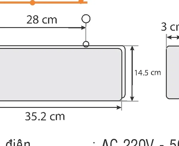 Bản vẽ kích thước đèn exit Kentom: 35,2 x 14,5 x 3 cm, khoảng cách 2 lỗ treo 28 cm