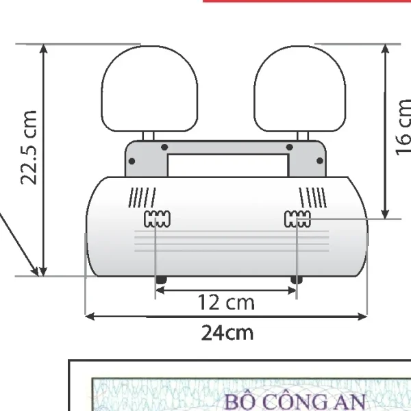 Bản vẽ kích thước đèn sự cố Kentom KT-2200EL: 24 x 22,5 x 9 cm, khoảng cách chân 12 cm
