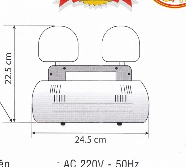 Bản vẽ kích thước đèn sự cố Kentom KT-402: 24,5 x 22,5 x 9 cm