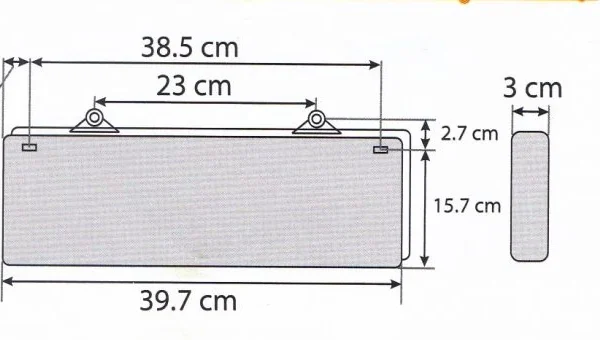 Bản vẽ kích thước đèn exit Kentom KT-610: tổng thể 39,7 x 15,7 x 3 cm, thân 38,5 cm, khoảng cách tai treo 23 cm