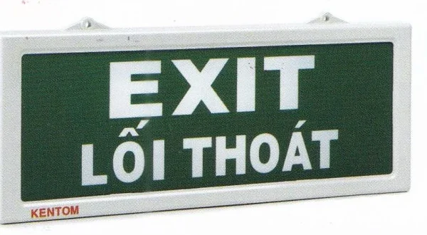 Thân đèn exit Kentom KT-610 vỏ trắng, mặt biển xanh chữ EXIT LỐI THOÁT hai dòng và 3 đèn báo trạng thái