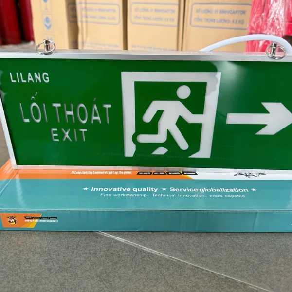 Đèn exit Lilang khung nhôm mặt LỐI THOÁT EXIT chỉ hướng phải – ảnh thực tế tại Thietbi114