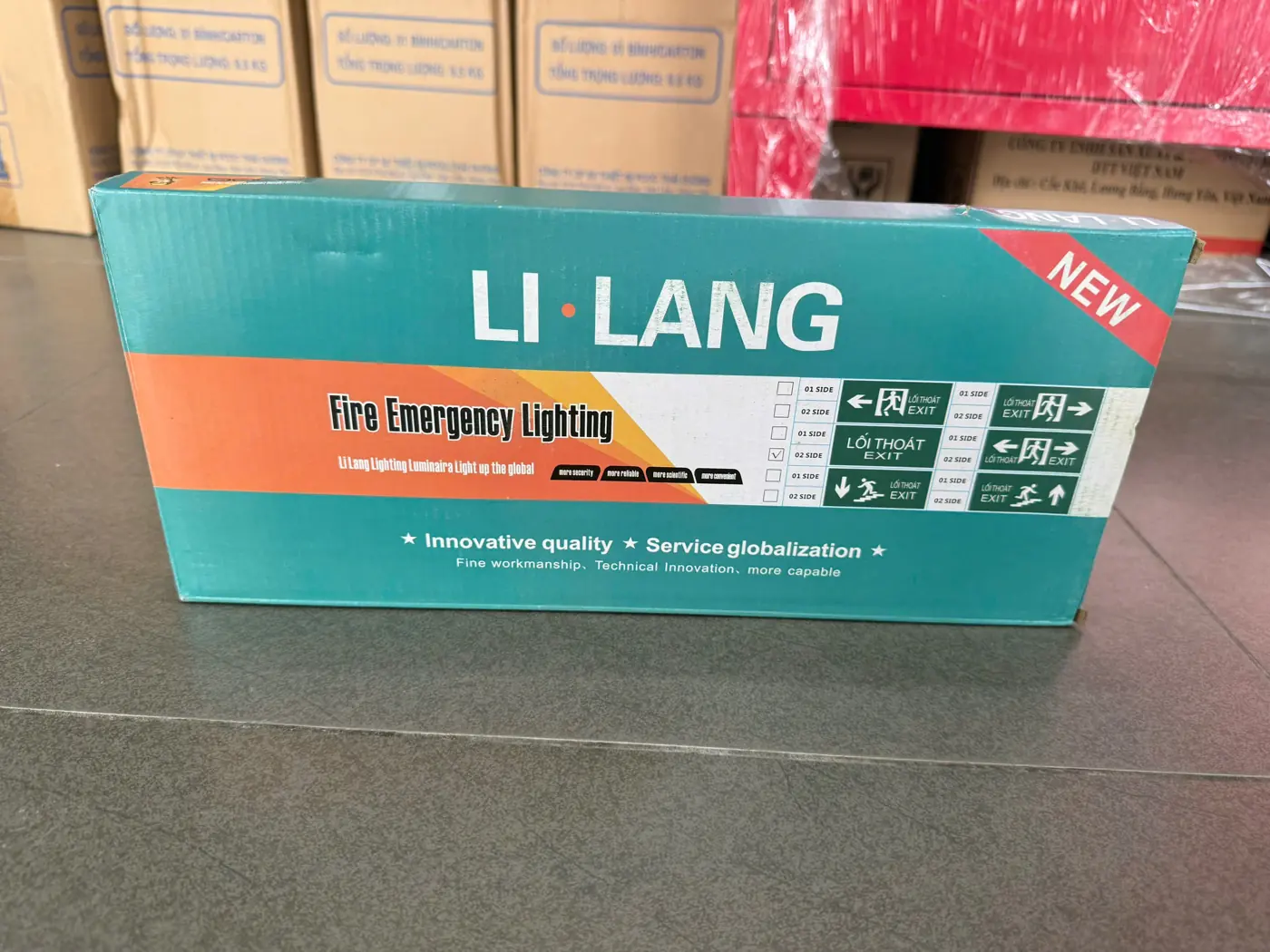 Đèn Exit Lilang 2 mặt không hướng + Tem kiểm định Hộp đèn exit Lilang đánh dấu loại 02 side không chỉ hướng – ảnh thực tế tại cửa hàng