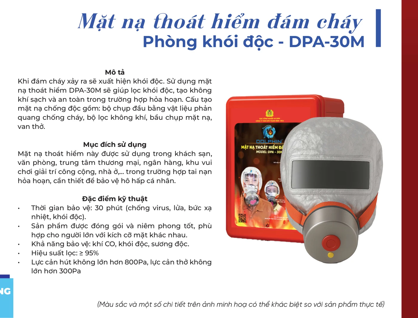 Mặt nạ chống độc thoát hiểm màu đỏ (DPA-30M) - Dolphin Trang catalogue Dolphin giới thiệu mặt nạ thoát hiểm Dolphin DPA-30M và bảng thông số kỹ thuật