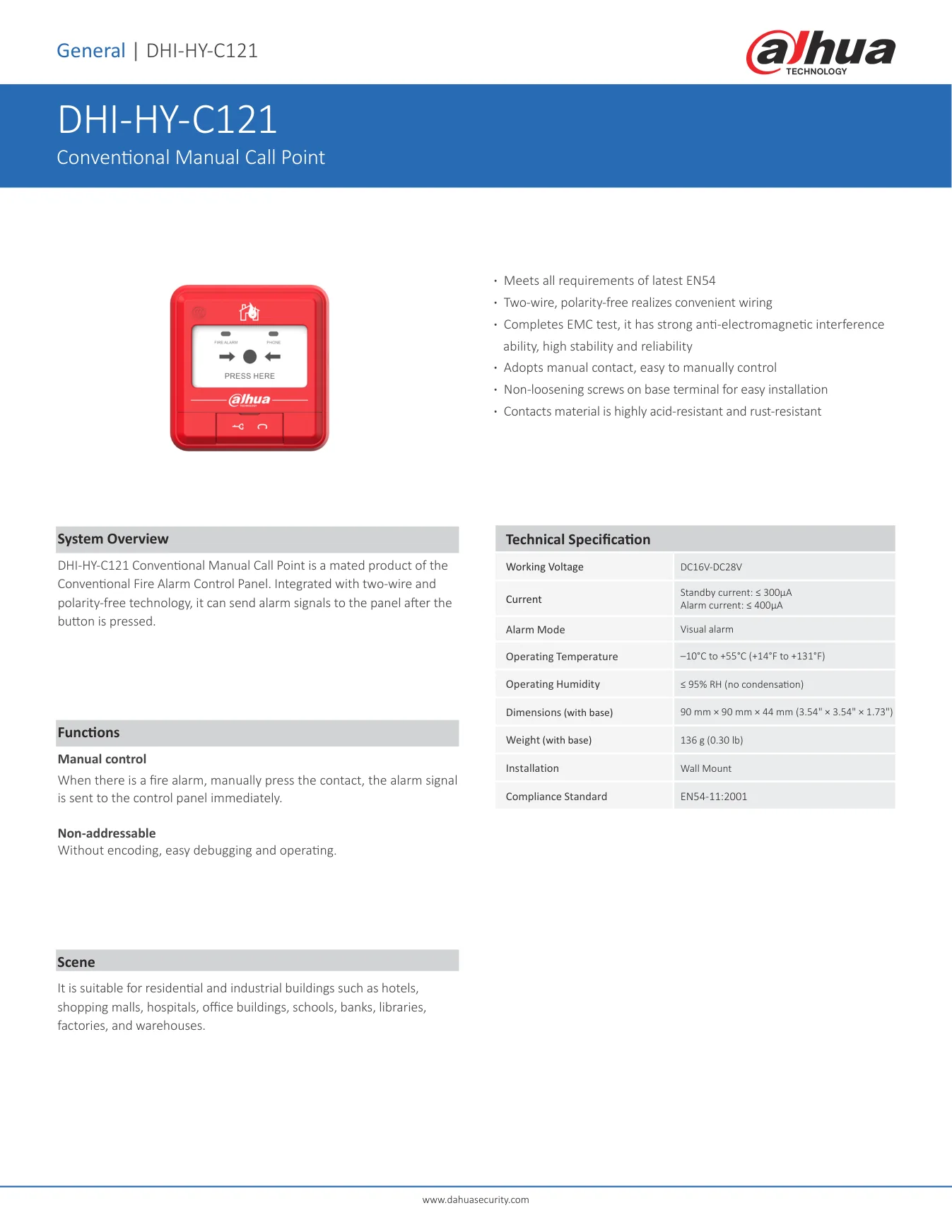 Datasheet chính hãng nút ấn khẩn Dahua DHI-HY-C121 Datasheet chính hãng nút ấn khẩn Dahua DHI-HY-C121