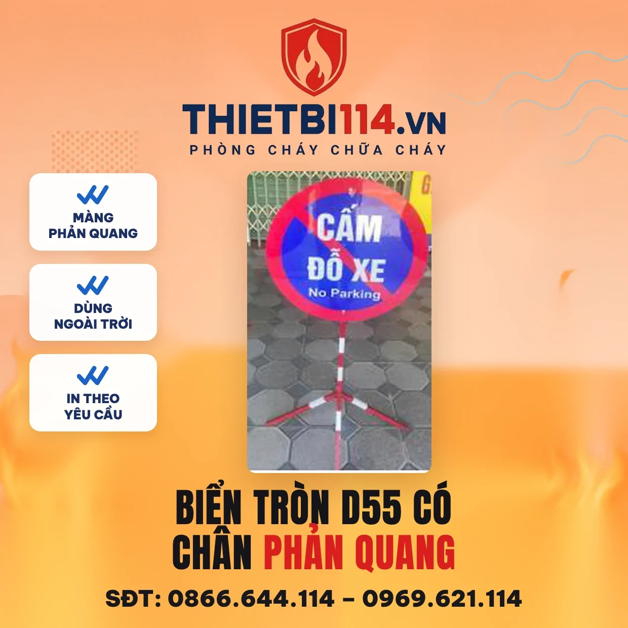 Biển tròn D55cm có chân, phản quang (cấm đỗ xe/bãi đỗ xe chữa cháy/công trường) Biển tròn D55cm có chân, phản quang – ảnh sản phẩm