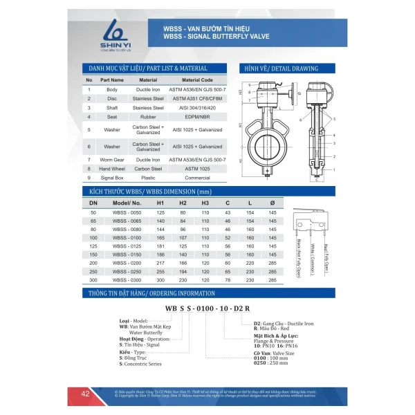Bản vẽ và vật liệu van bướm tín hiệu WBSS ShinYi