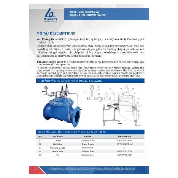 Hình ảnh, bản vẽ và vật liệu van chống va H600 ShinYi - catalogue