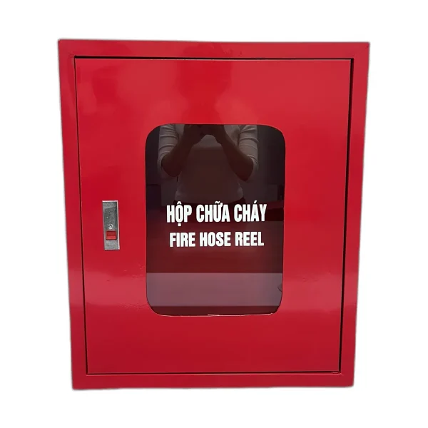Hộp chữa cháy 1 ngăn sơn đỏ, cửa kính chữ Hộp chữa cháy – Fire hose reel, khóa tay gạt, nền trắng
