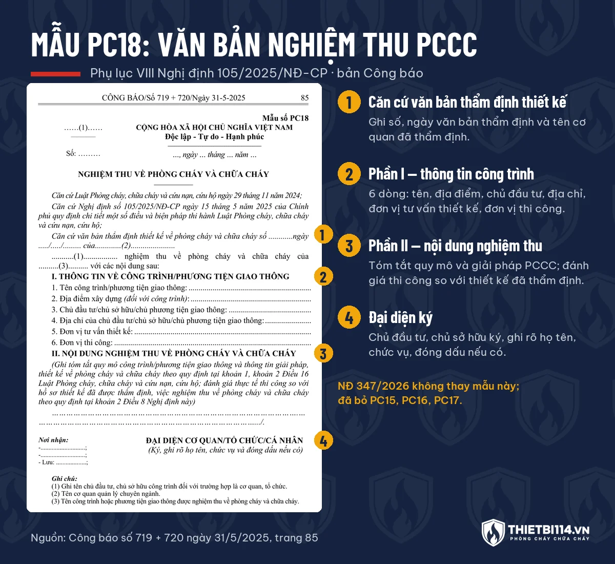 Trang Công báo in Mẫu số PC18 văn bản nghiệm thu về phòng cháy và chữa cháy, đánh số 4 phần: căn cứ văn bản thẩm định, thông tin công trình, nội dung nghiệm thu, đại diện ký