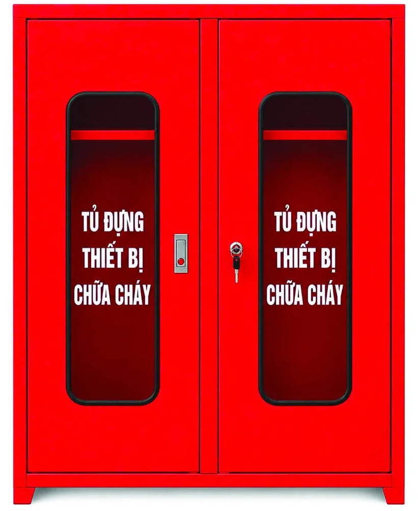 tu-chua-chay-co-lon-2-canh-nen-trang Tủ chữa cháy cỡ lớn 2 cánh sơn đỏ, mỗi cánh có ô kính dọc ghi Tủ đựng thiết bị chữa cháy, khóa tay gạt giữa hai cánh