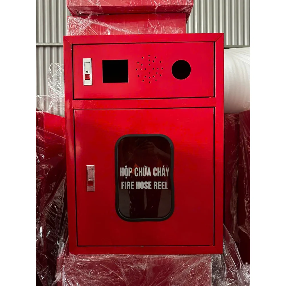 Tủ chữa cháy tích hợp 2 ngăn màu đỏ, ngăn trên khoét lỗ lắp thiết bị báo cháy, cửa dưới có ô kính ghi Hộp chữa cháy Fire hose reel
