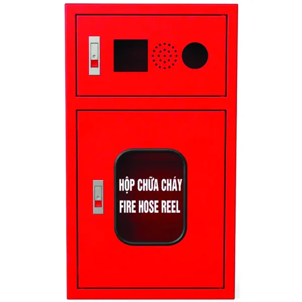 Tủ chữa cháy tích hợp 2 ngăn nền trắng: ngăn trên có lỗ lắp chuông, nút ấn, ngăn dưới cửa kính Hộp chữa cháy