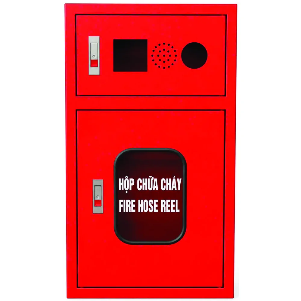 tu-chua-chay-tich-hop-2-ngan-nen-trang Tủ chữa cháy tích hợp 2 ngăn nền trắng: ngăn trên có lỗ lắp chuông, nút ấn, ngăn dưới cửa kính Hộp chữa cháy