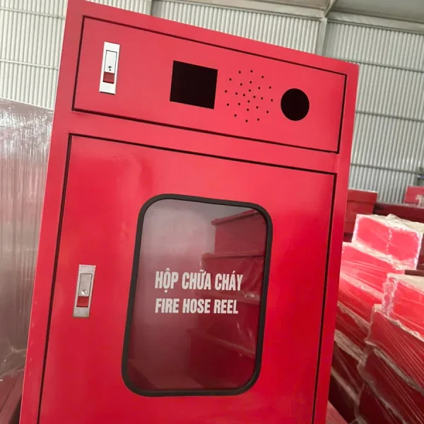 Tủ chữa cháy tích hợp 2 ngăn nhìn nghiêng, ảnh thực tế tại xưởng