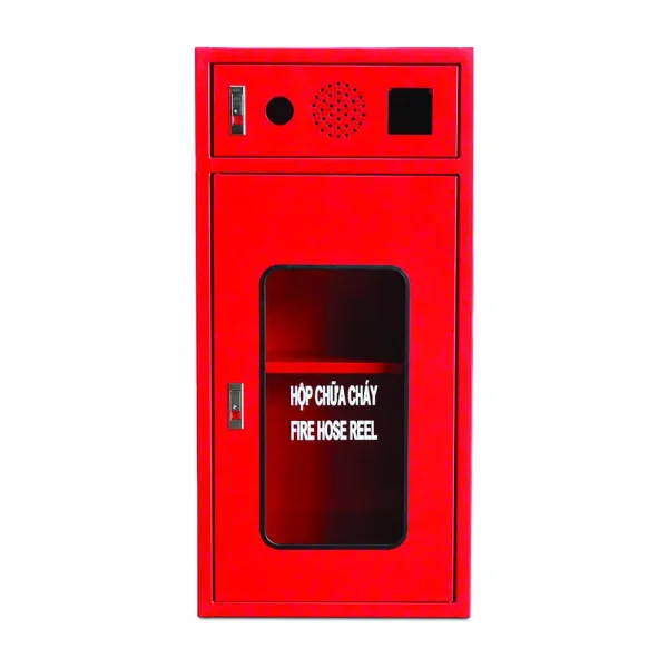 Tủ chữa cháy tích hợp 3 ngăn nền trắng: ngăn trên có lỗ lắp chuông, nút ấn, bên dưới cửa kính có kệ ngăn