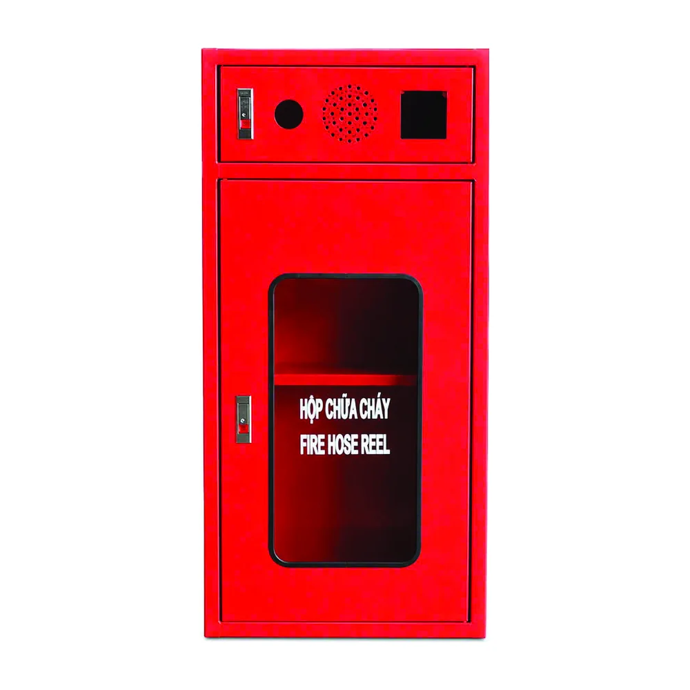 tu-chua-chay-tich-hop-3-ngan-nen-trang Tủ chữa cháy tích hợp 3 ngăn nền trắng: ngăn trên có lỗ lắp chuông, nút ấn, bên dưới cửa kính có kệ ngăn